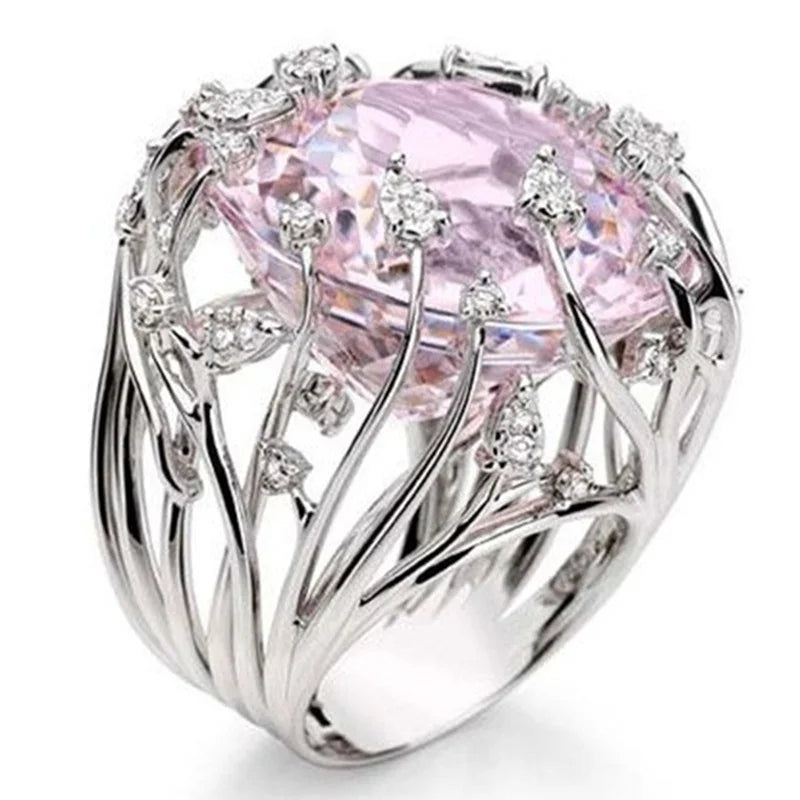 925 Sterling Silver Inlaid Pink Crystal Zircon Exaggerated Ring