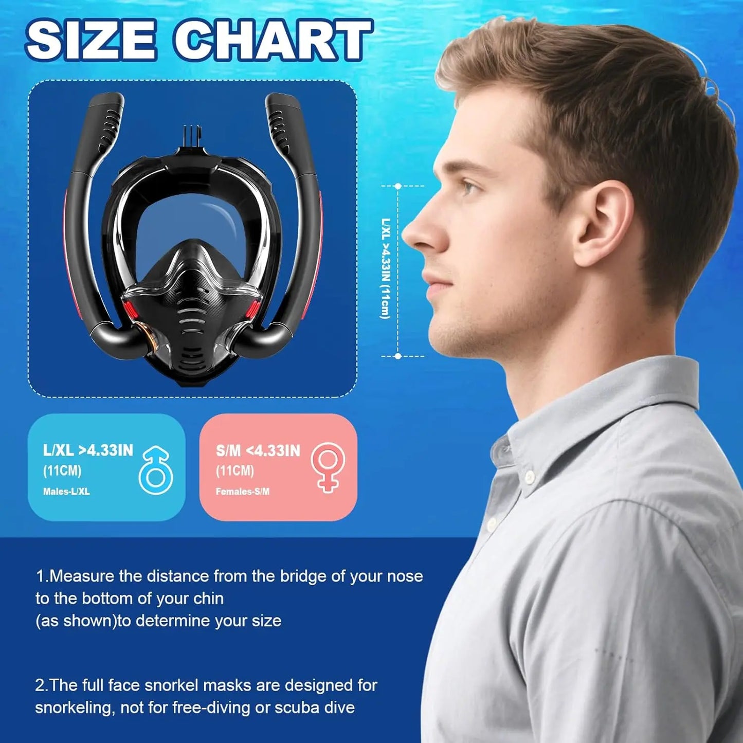 Full Face Double Tube Black Snorkel Mask