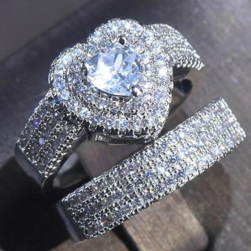 Huitan Eternity Love 2Pcs/Set Cubic Zirconia Heart Rings