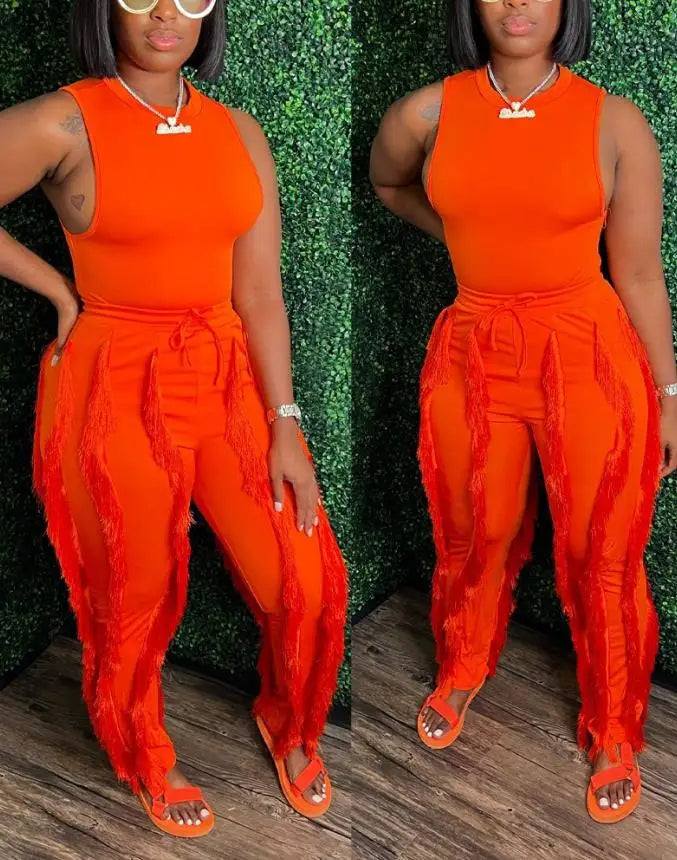 Solid Casual Tank Top & Tassel Decor Drawstring Pants Set
