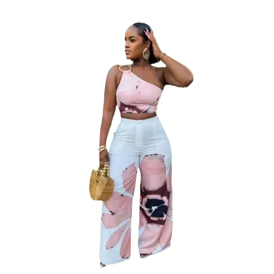 Designer Printing Single Shoulder Slim Top and Wide Leg Pants 2Pce Set