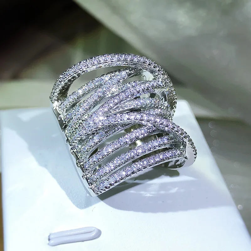 Wide 925 Sterling Silver Interweave Design Cubic Zirconia Ring
