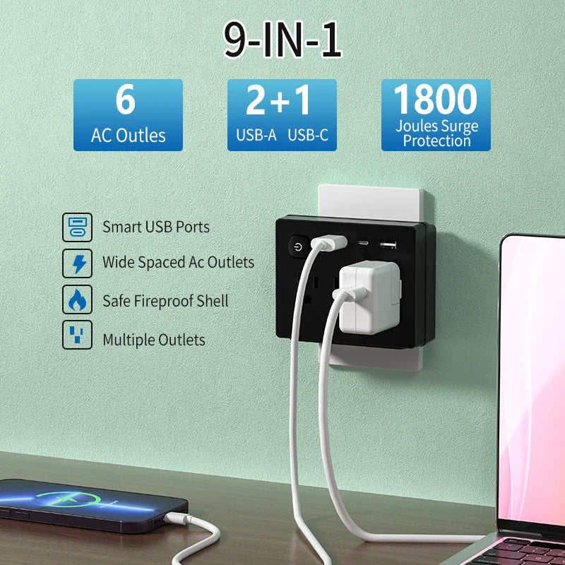 9-in-1 Function 4 Power Output 2 USB-A and 2 USB-C Slots With Surge Protection