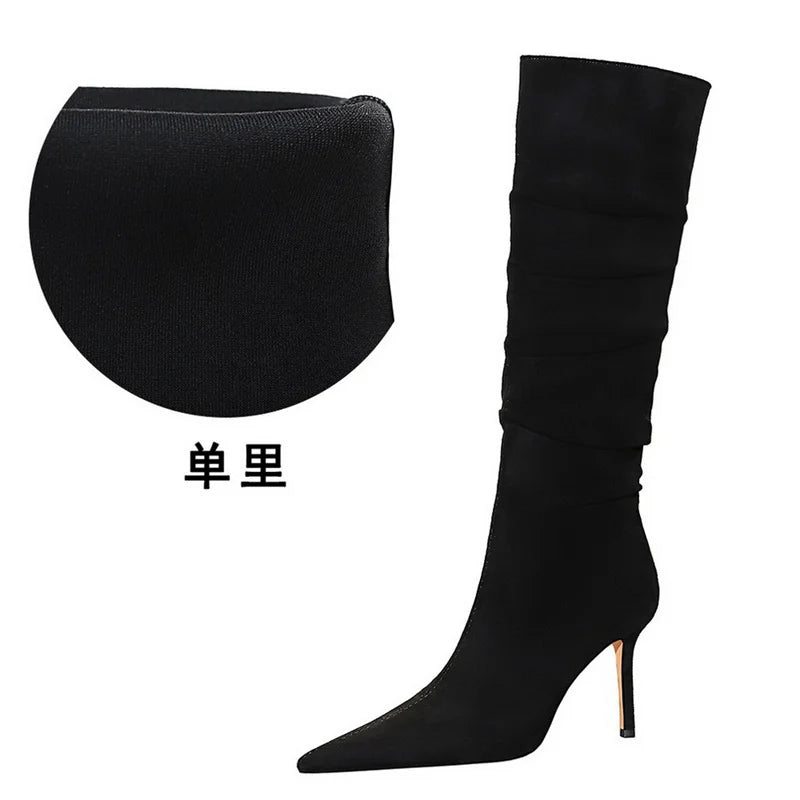 Retro Fashion Simple Black Slender High Heel Boots