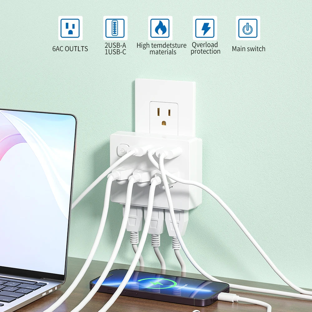 9-in-1 Function 4 Power Output 2 USB-A and 2 USB-C Slots With Surge Protection