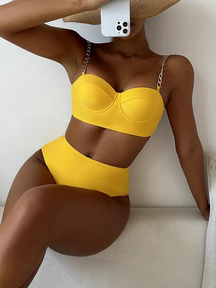 Hard Wrap Top Underwire Chain Shoulder Straps High Waist Swimwear