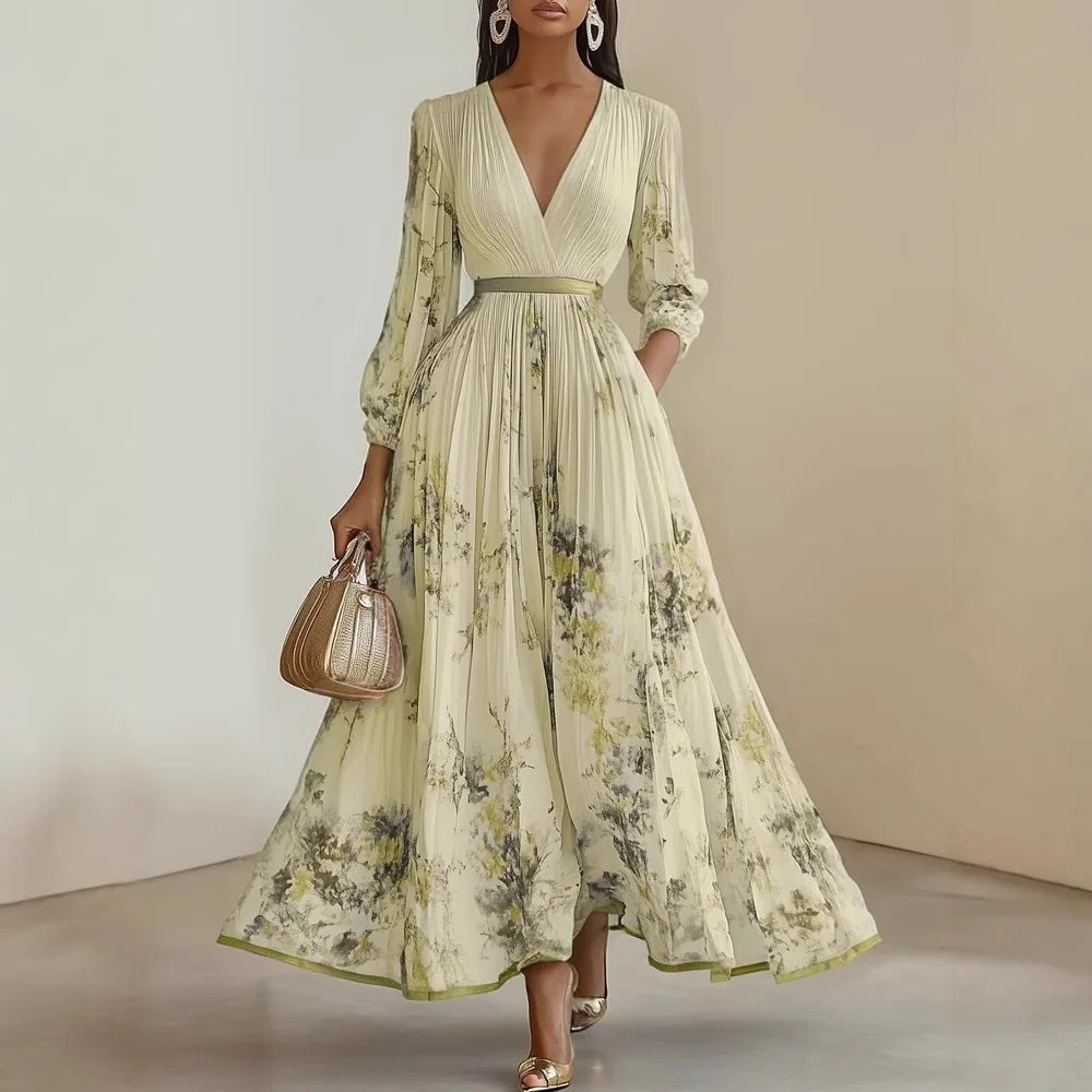 Sleeveless Floral Print High Waist A-Line Pleated Dress