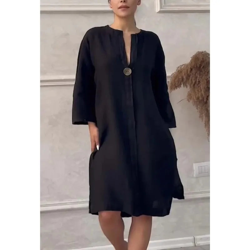 O-neck Long-sleeved Button Dress