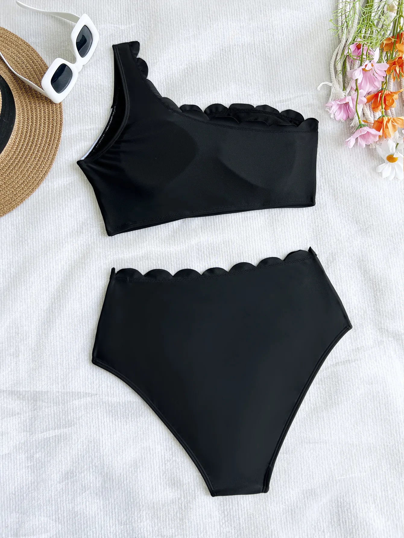 Black & White Patchwork Ruffled One Shoulder High Waist Swimsuit