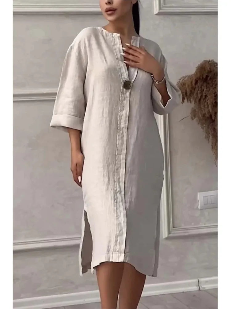 Long Sleeve Linen Solid Color Dress