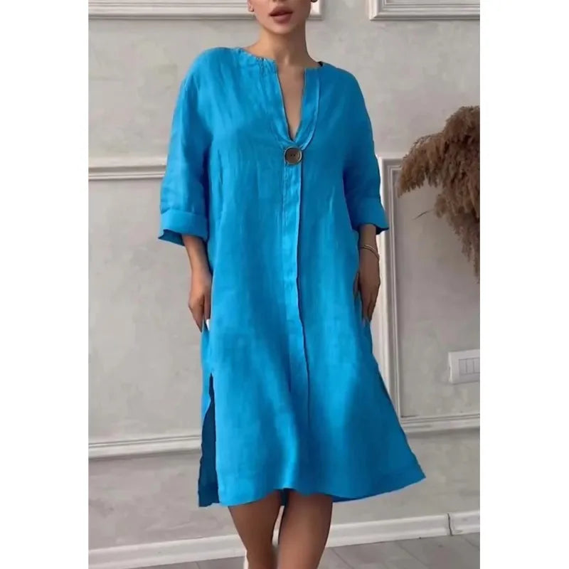 O-neck Long-sleeved Button Dress