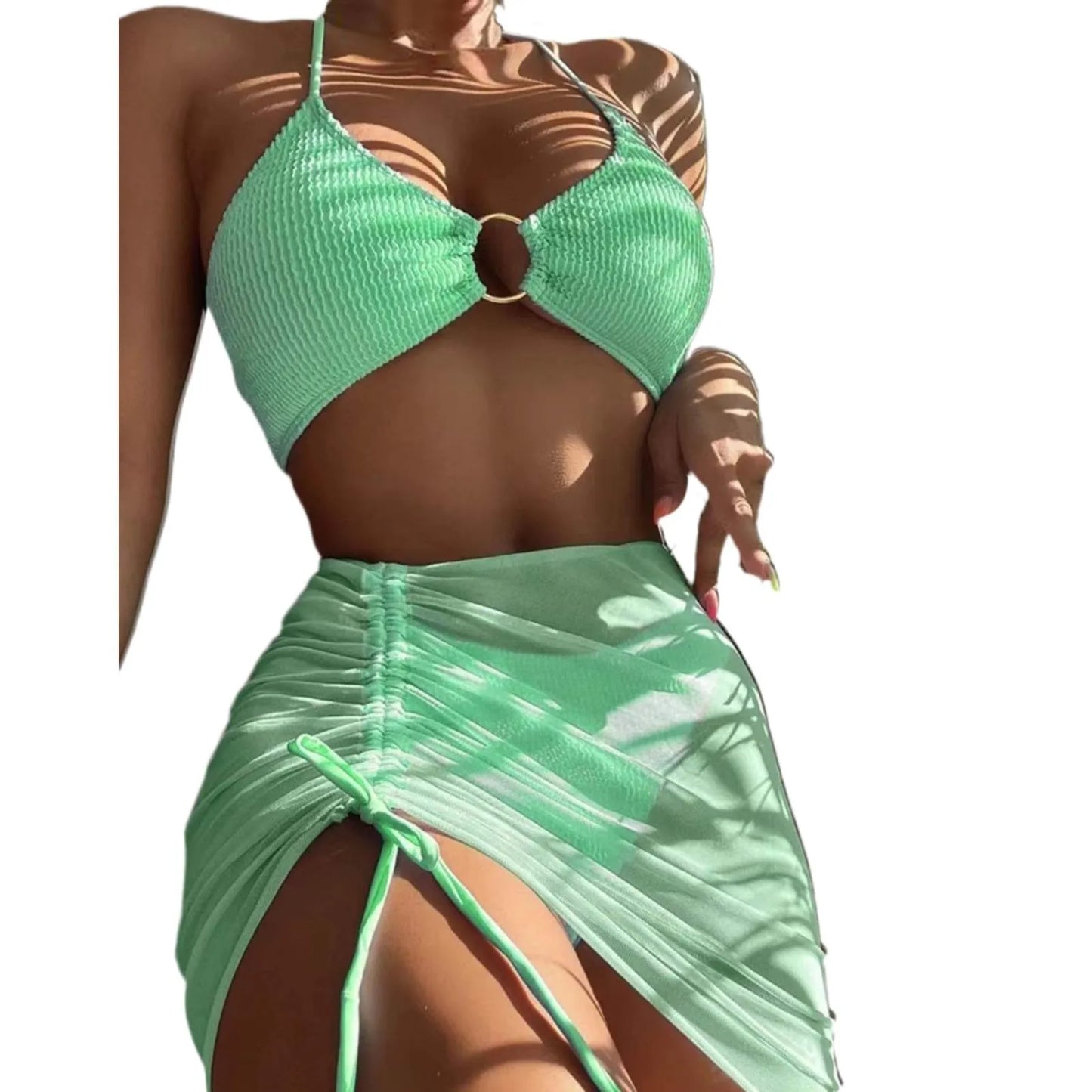 Solid Color 3Pce Bikini With Adjustable Drawstring