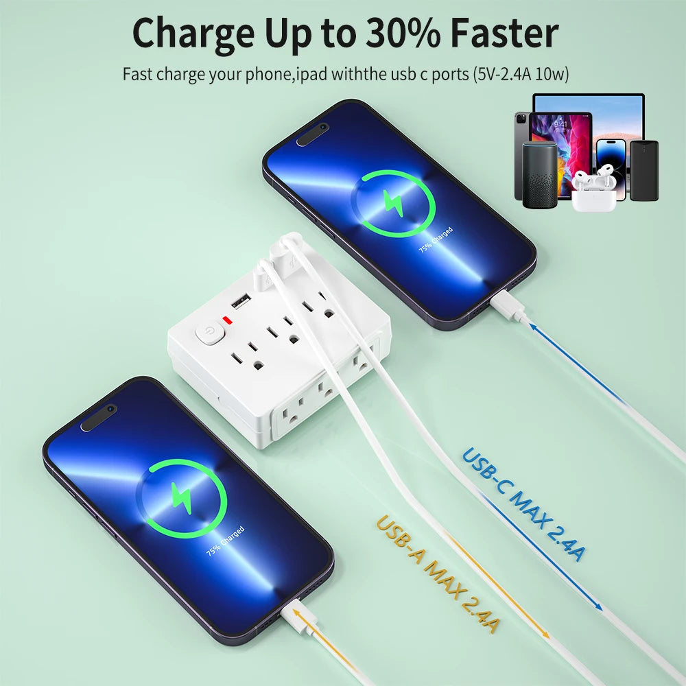 9-in-1 Function 4 Power Output 2 USB-A and 2 USB-C Slots With Surge Protection
