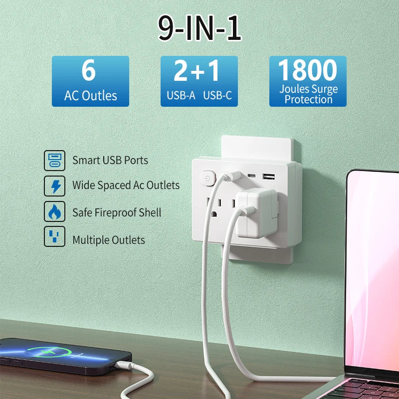 9-in-1 Function 4 Power Output 2 USB-A and 2 USB-C Slots With Surge Protection