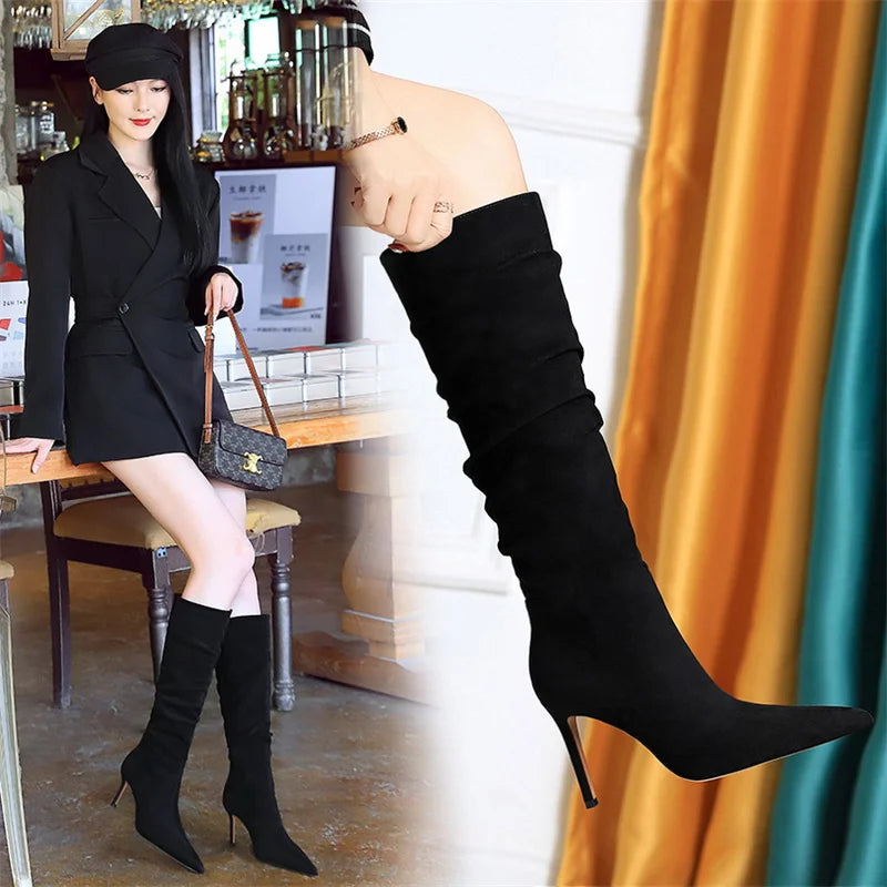 Retro Fashion Simple Black Slender High Heel Boots