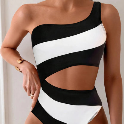 One-shoulder One-piece Two-tone Bathing Suits