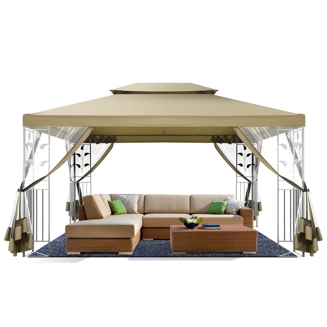 10x13 Gazebo Tent with Mosquito Netting and Ventilated Double Flat Roof