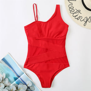 One Piece Mesh Stomach Solid Color Bathing Suit