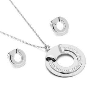 Stainless Steel Three Rounds Pendant Necklace & Earrings Set