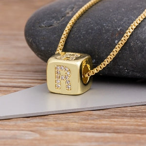 A-Z Initials Micro Pave Copper Cube Letter Pendant Necklace