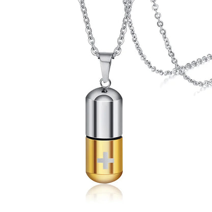 Vnox Hollow Pill Cross Engraved Cremation Urn Necklace