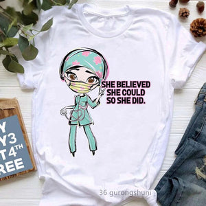 She Believed She Could So She Did Nurse Cartoon Print T-shirt