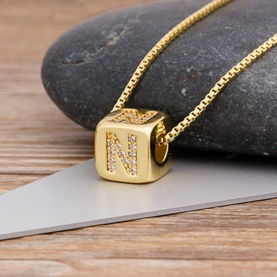 A-Z Initials Micro Pave Copper Cube Letter Pendant Necklace