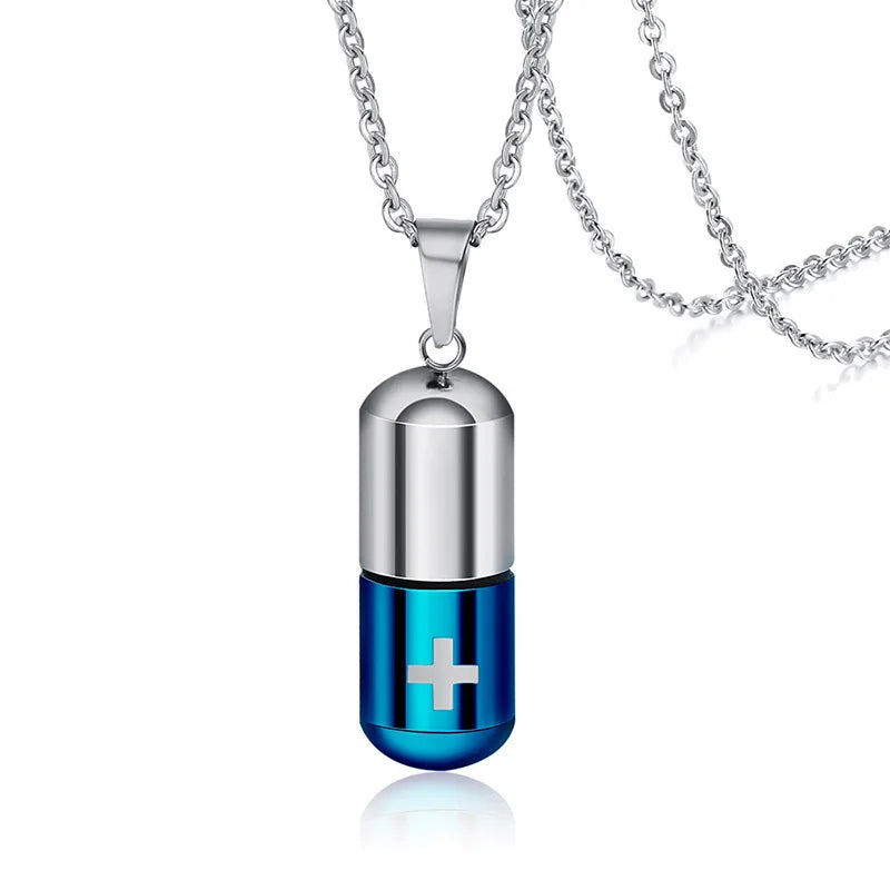 Vnox Hollow Pill Cross Engraved Cremation Urn Necklace