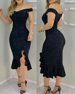 Sexy Shiny Rhinestone Embellished Off Shoulder Dress