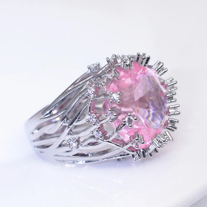 925 Sterling Silver Inlaid Pink Crystal Zircon Exaggerated Ring