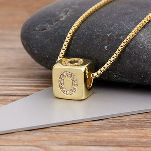 A-Z Initials Micro Pave Copper Cube Letter Pendant Necklace