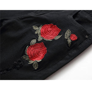 Black Ripped Floral Embroidered Stretch Skinny Jeans