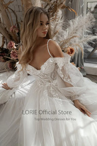 LORIE Puff Sleeve Lace 3D Flowers off Shoulder Bridal Gown