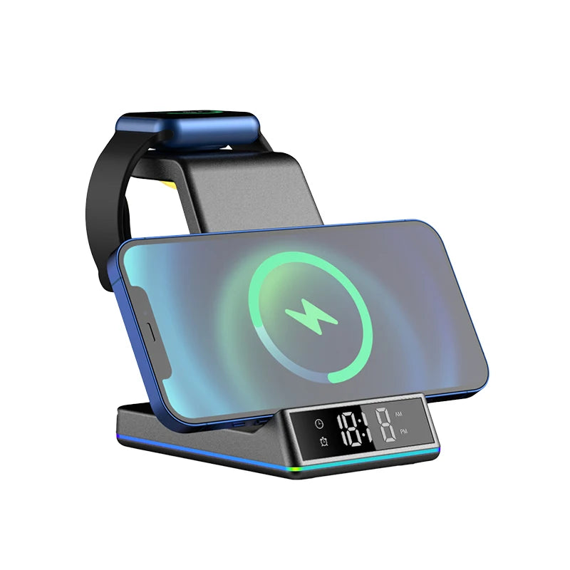 Portable 4 in 1 Wireless Fast Charger Phone Charger Stand With Alarm Clock Lamp