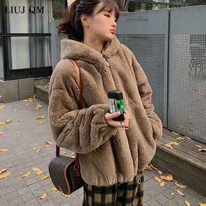 Oversized Hooded Faux Rabbit Coat