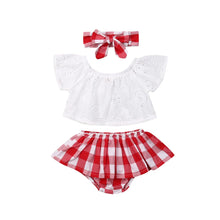 3Pcs Cute Off Shoulder Lace Tops + Red Plaid Short Dress Set