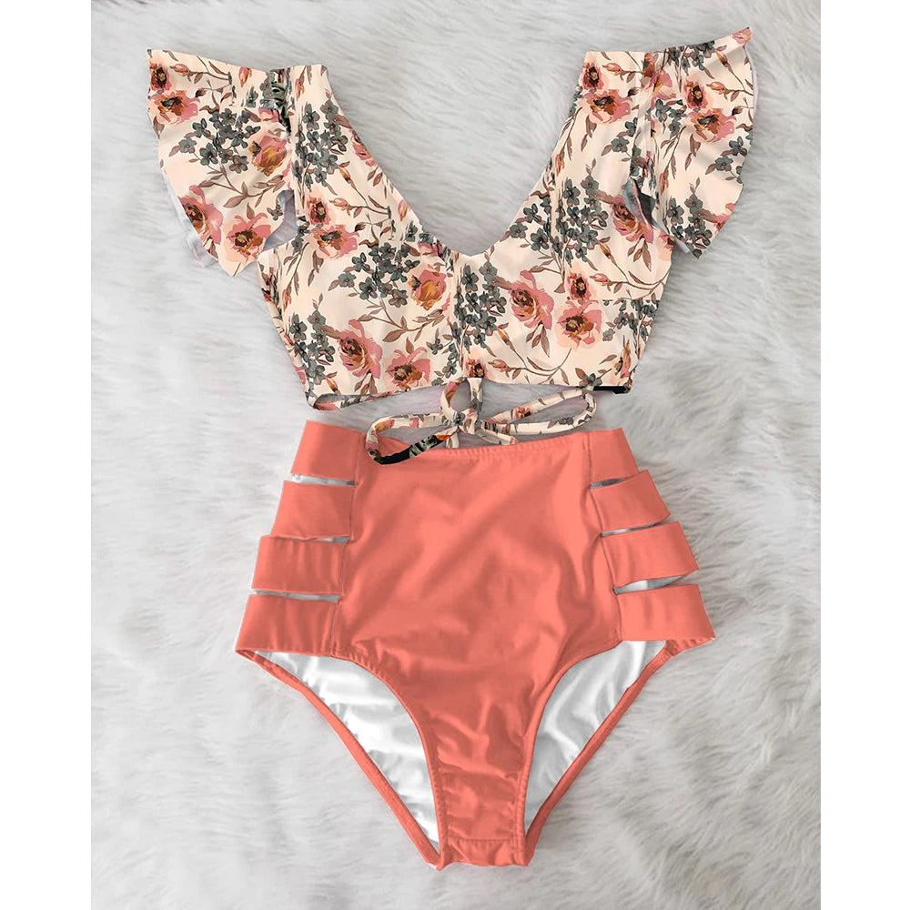 High Waist Ruffled Floral Bathing Suit