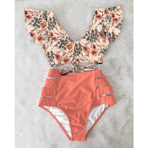 High Waist Ruffled Floral Bathing Suit