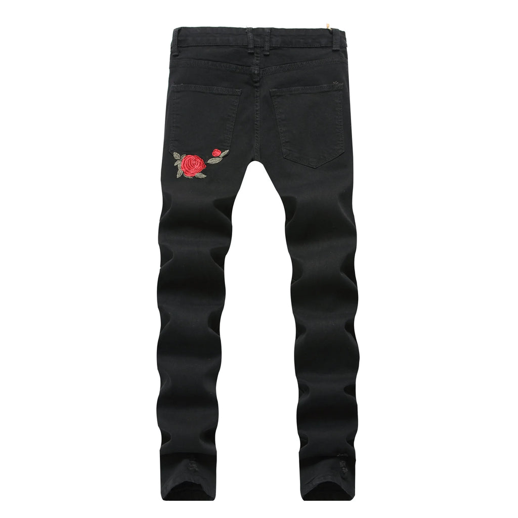 Black Ripped Floral Embroidered Stretch Skinny Jeans