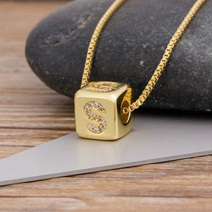 A-Z Initials Micro Pave Copper Cube Letter Pendant Necklace