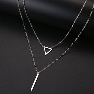 Double Pendant Hollow Triangle and Stick Stainless Steel Pendant Necklace