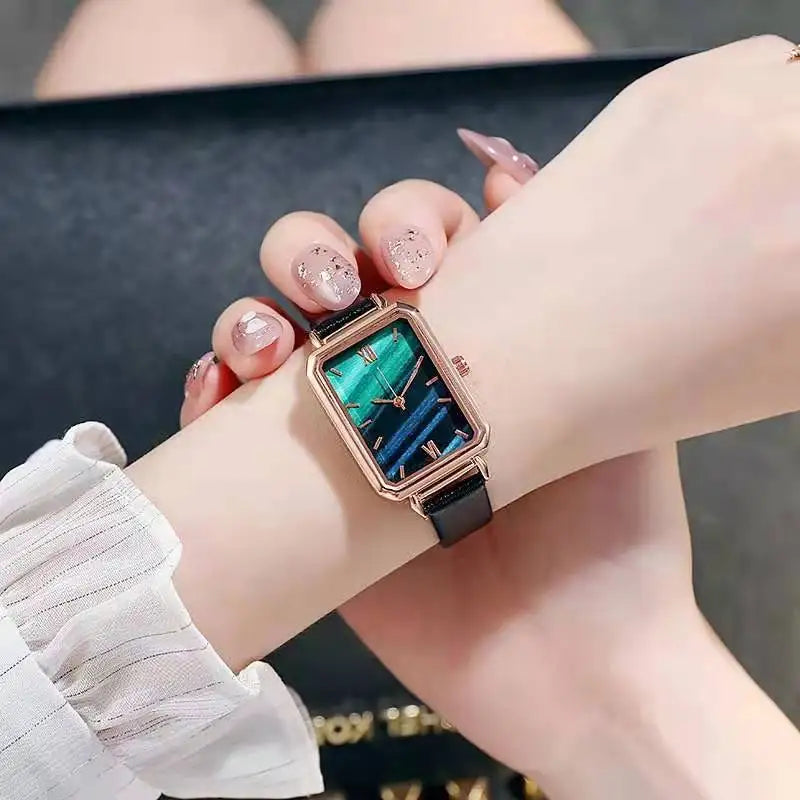 Green Dial Simple Square Quartz Watch Bracelet Set