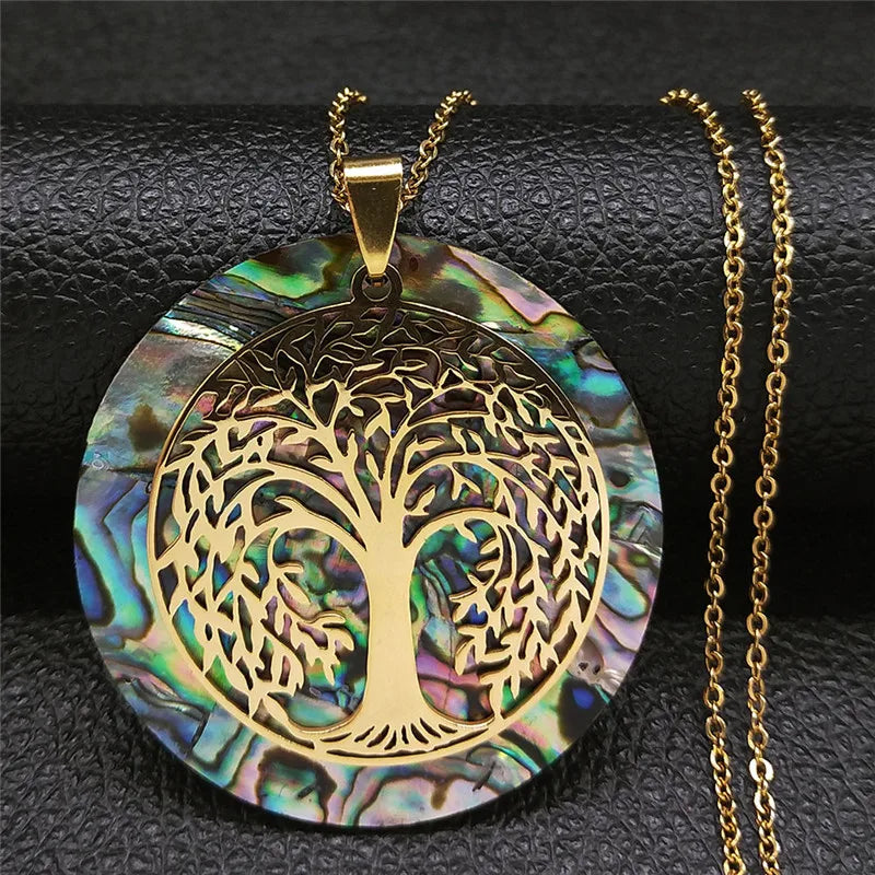 Tree of Life Stainless Steel Abalone Shell Natural Necklace Chain