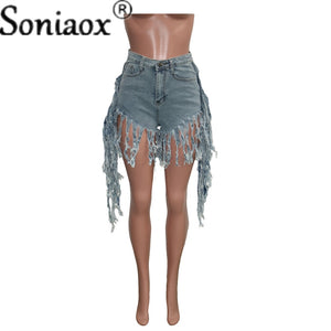 Tasseled High Waist Denim Shorts