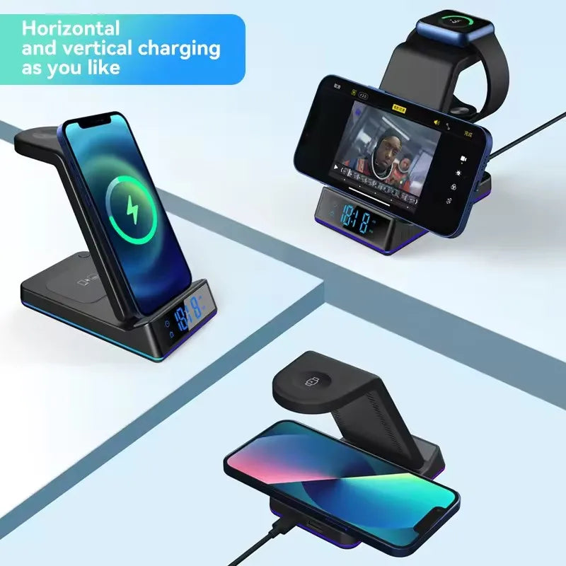 Portable 4 in 1 Wireless Fast Charger Phone Charger Stand With Alarm Clock Lamp