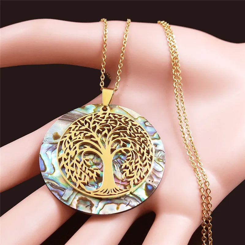Tree of Life Stainless Steel Abalone Shell Natural Necklace Chain