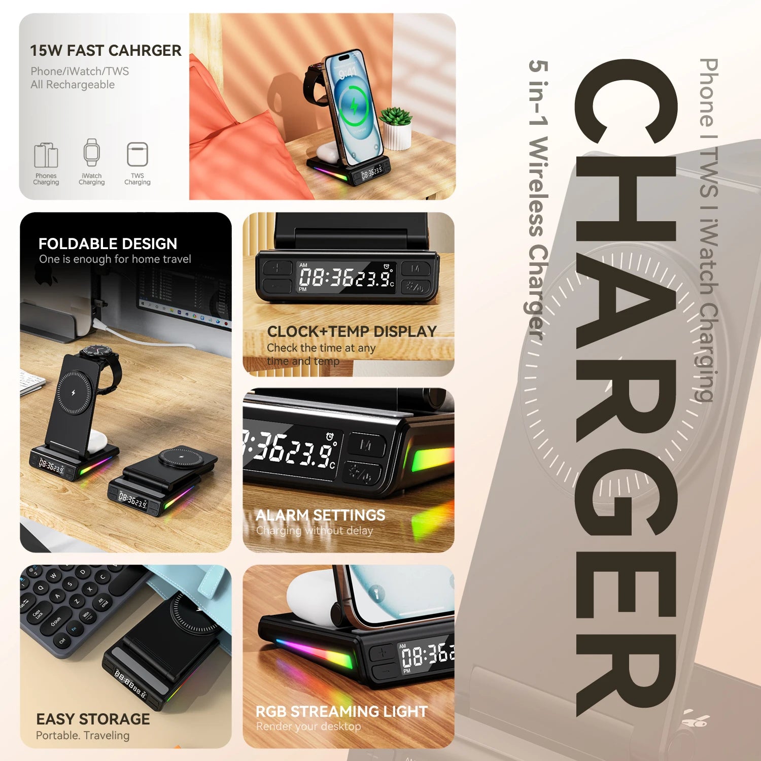Electronic  5 in 1 Wireless Charger With Clock Temperature Display