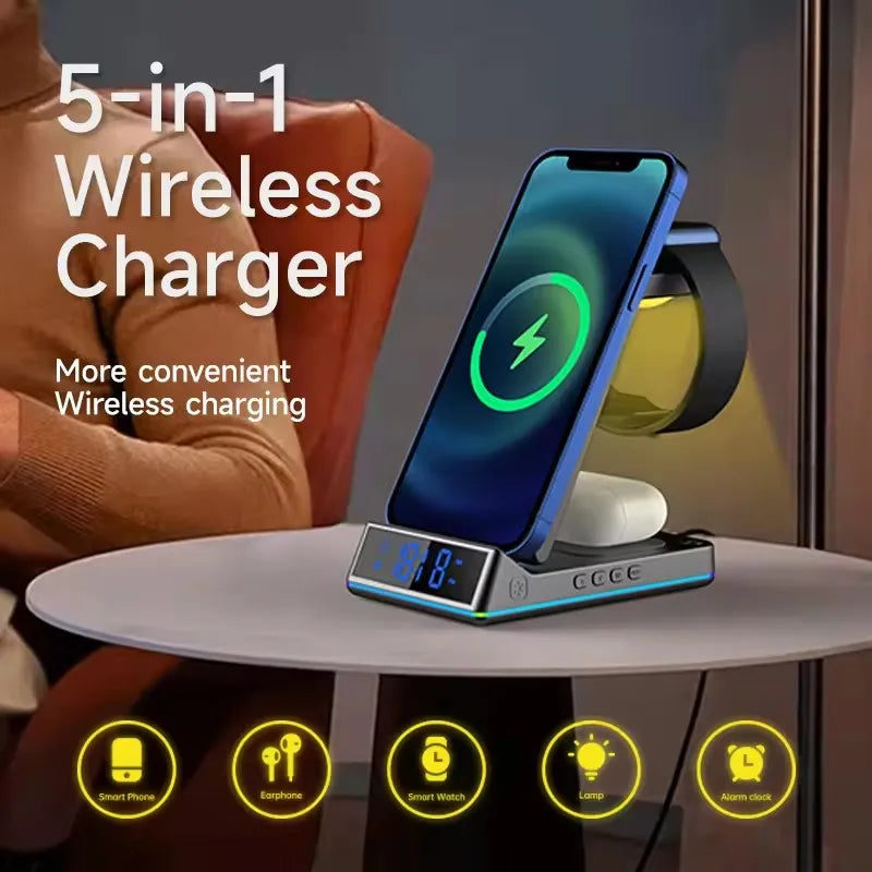 Portable 4 in 1 Wireless Fast Charger Phone Charger Stand With Alarm Clock Lamp