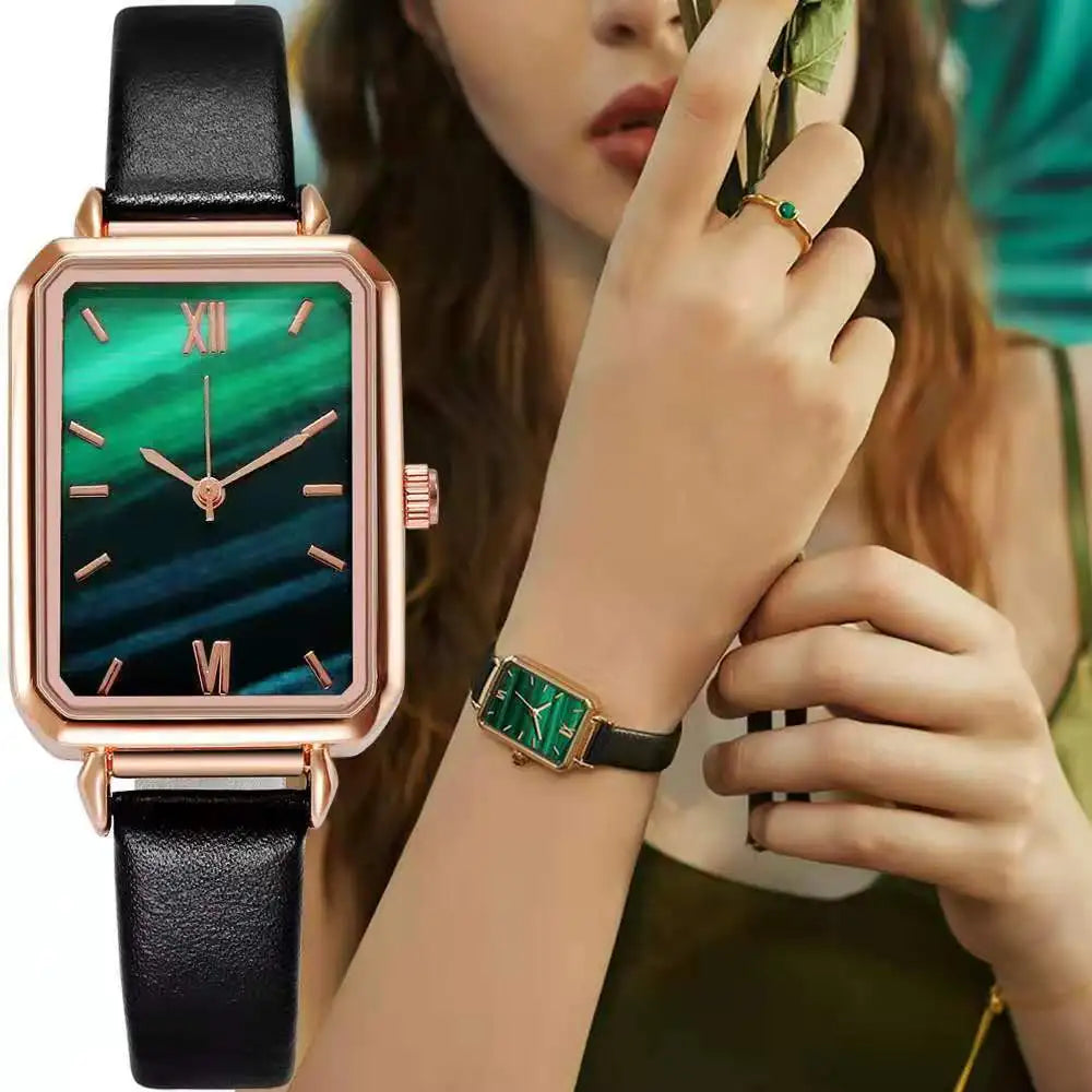 Green Dial Simple Square Quartz Watch Bracelet Set