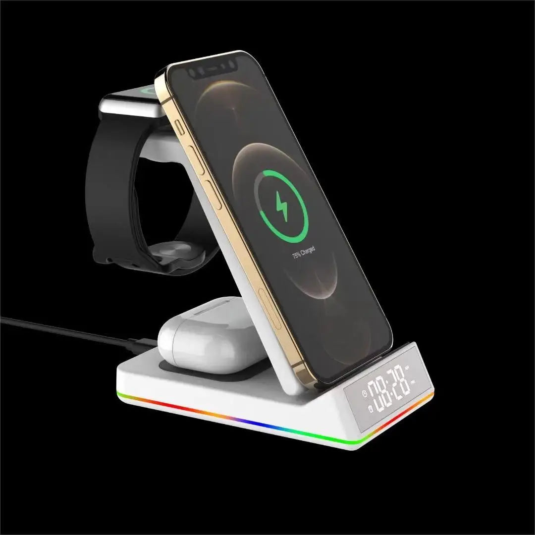 Portable 4 in 1 Wireless Fast Charger Phone Charger Stand With Alarm Clock Lamp